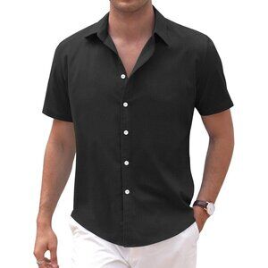 Men's BlackLinen Casual Short Sleeve Shirt Button Down Summer Beach Shirts